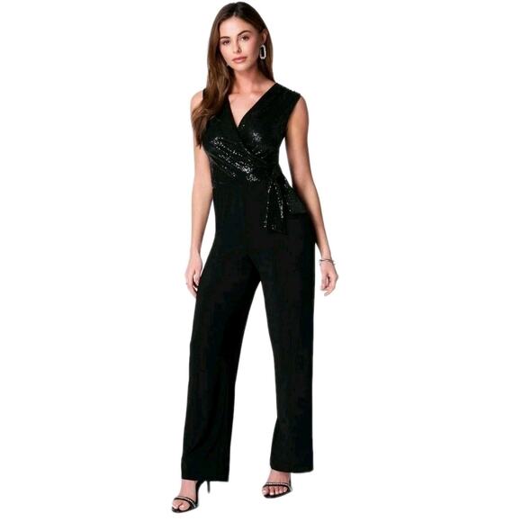 Bebe NYE Disco Sequined Sleeveless Wrap Jumpsuit Wide Leg Evening Formal XS NWT